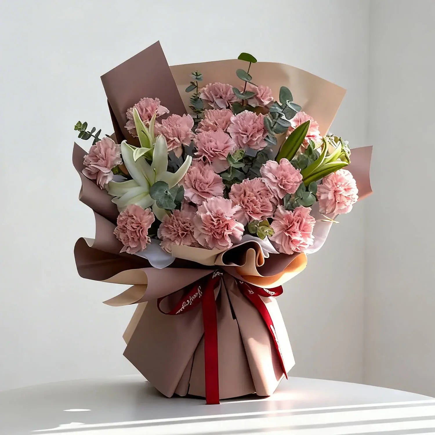 Elegant flower bouquet with pink carnations and white lilies, ready for flower delivery.