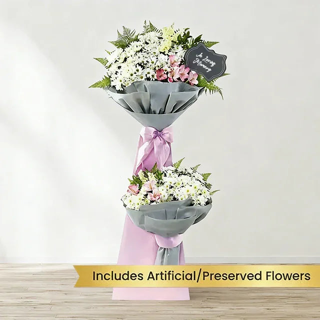 Standing flower arrangement with white and pink preserved flowers for delivery