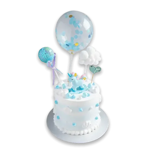 Blue unicorn cake with confetti balloon, perfect for same-day flower and cake delivery in Singapore