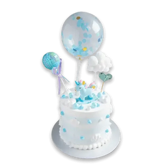 Blue unicorn cake with confetti balloon, perfect for same-day flower and cake delivery in Singapore