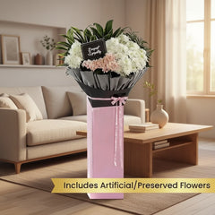 Sympathy flower stand with artificial preserved flowers for flower delivery