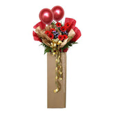 Flower delivery of red gerbera daisy arrangement with balloons and decorative ribbon
