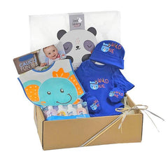 Baby gift hamper with blue clothing, animal bib, baby toiletries, and gift box for delivery