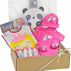 Baby gift box with pink unicorn hat, bodysuit, mittens, bib, and baby care products, ideal for flower delivery.