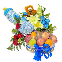 Newborn baby flower delivery basket with blue and yellow flowers, fruits, and teddy bear