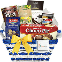 Chocolate snack gift basket with yellow ribbon for delivery in Singapore