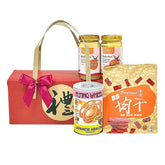 Chinese New Year hamper with abalone, bird’s nest jars, bak kwa and festive gift box for flower delivery