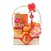 Chinese New Year hamper with oranges, nuts, cookies, festive flowers, and gift for delivery