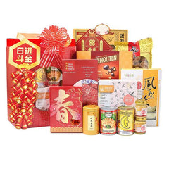 Chinese New Year hamper with festive packaging and gourmet treats for gift and flower delivery
