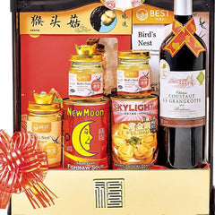 Chinese New Year hamper with gourmet food jars, wine, and gift ribbon, ideal for festive delivery