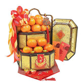Chinese New Year hamper with fresh oranges, festive basket, red envelopes, for flower delivery