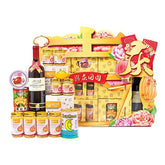 Chinese New Year hamper with flowers, wine, canned goods for festive gift delivery