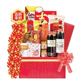 Chinese New Year festive hamper with wine, snacks, bird's nest and decorative ribbons for delivery