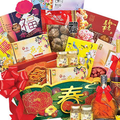 Chinese New Year hamper with festive flowers, gift boxes, and delivery-ready packaging