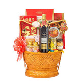 Chinese New Year hamper with festive decorations, gourmet treats, perfect for gift delivery
