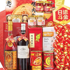Chinese New Year gourmet hamper with festive wine, tea, snacks and gift packaging for delivery