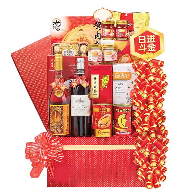 Chinese New Year hamper with red packaging, wine, gourmet treats, suitable for flower delivery