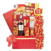 Chinese New Year hamper with red packaging, wine, gourmet treats, suitable for flower delivery
