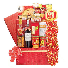 Chinese New Year hamper with red packaging, wine, gourmet treats, suitable for flower delivery