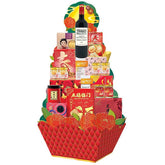 Festive Chinese New Year flower hamper with wine, treats and floral gift arrangement for delivery