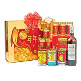 Chinese New Year hamper with festive gift box, flowers, canned abalone, and wine for delivery