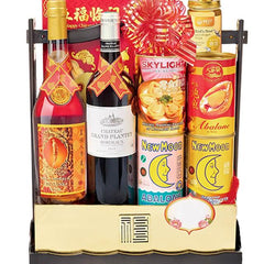 Chinese New Year gift hamper with festive food and wine, flower delivery available