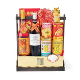 Chinese New Year hamper with wine, abalone, festive foods and gift packaging for delivery