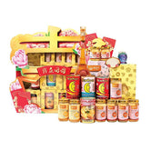 Chinese New Year gift hamper with flowers, festive packaging and assorted gourmet items for delivery