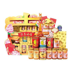 Chinese New Year gift hamper with flowers, festive packaging and assorted gourmet items for delivery