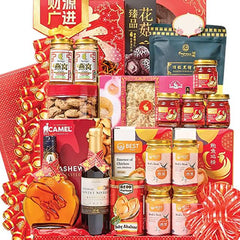 Chinese New Year gift hamper with festive food, snacks, and red packaging for floral delivery