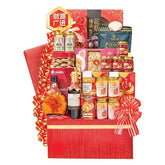 Chinese New Year gift hamper with festive red packaging, assorted snacks, and flower delivery