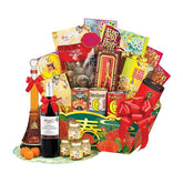 Chinese New Year delivery hamper with wine, festive flowers, treats, and red ribbon decor