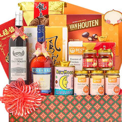 Chinese New Year gift hamper with wine, chocolates, festive treats, and floral gift delivery