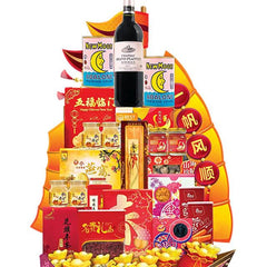 Chinese New Year hamper with wine, abalone, festive food and flowers for delivery