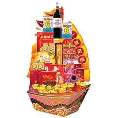Chinese New Year hamper with festive treats, wine and decorative items for delivery