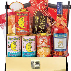 Chinese New Year hamper with flowers, abalone, wine, and festive gift items for delivery
