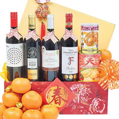 Chinese New Year hamper with wine, festive food, mandarin oranges and floral gift box for delivery