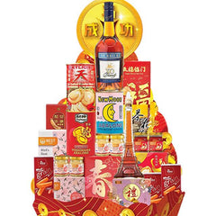 Chinese New Year hamper with festive food items, luxury treats, and arranged for flower delivery