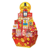 Chinese New Year gift hamper with festive red packaging, food items, and gold coin accents, ideal for flower and gift delivery.