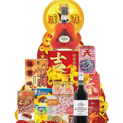 Chinese New Year hamper with festive foods, wine, and Hennessy for flower delivery