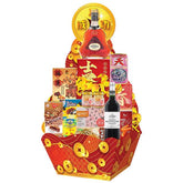 Chinese New Year hamper with festive snacks, wine, and flowers for delivery