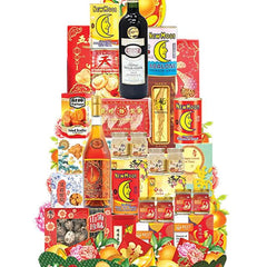 Festive Chinese New Year hamper with flowers, wine, abalone, and gourmet gift items for delivery