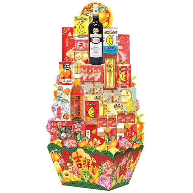Chinese New Year hamper with festive flowers, premium snacks, and wine for delivery in Singapore