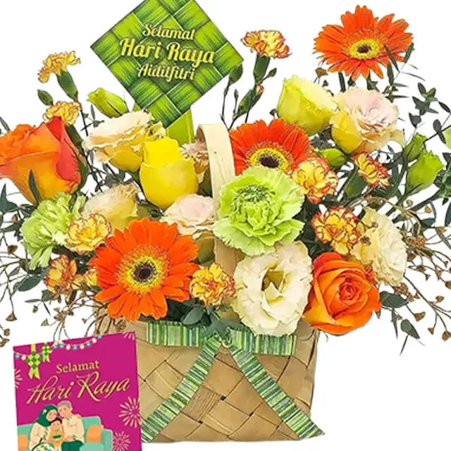 Hari Raya festive flower delivery basket with fresh orange, yellow, green and white blooms