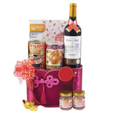 Luxury gift hamper with wine, abalone, bird’s nest, ideal for flower delivery in Singapore