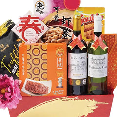 Chinese New Year gift hamper with flowers, snacks, and wine for festive flower delivery