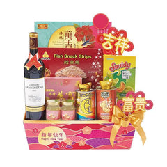 Chinese New Year hamper with wine, snacks, treats and festive decorations for gift delivery
