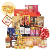 Luxury hamper with wine, gourmet treats, and a flower, ideal for flower delivery gifts