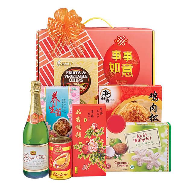 Chinese New Year festive hamper with snacks, cookies, sparkling juice, and gourmet treats, ideal for flower delivery gifting