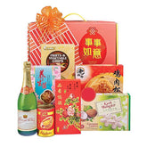 Chinese New Year festive hamper with snacks, cookies, sparkling juice, and gourmet treats, ideal for flower delivery gifting